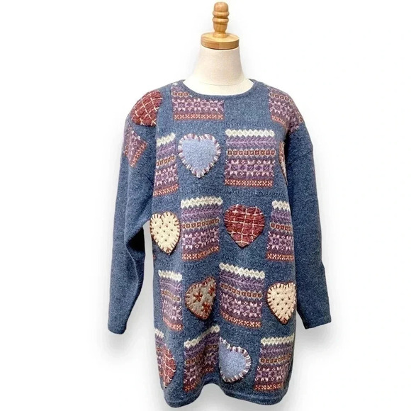 Vintage Hand Knit 100% Wool Cottagecore Grannycore Patch Heart Sweater 18/20 - Picture 1 of 9